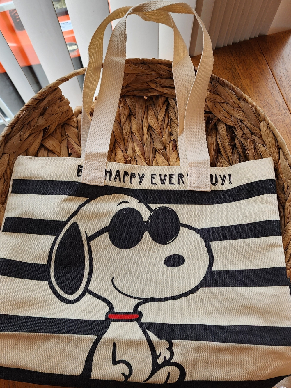 3 ☆ Snoopy Canvas Tote Bag - Black & Cream Stripe.  Unisex for Everyday  Tote.